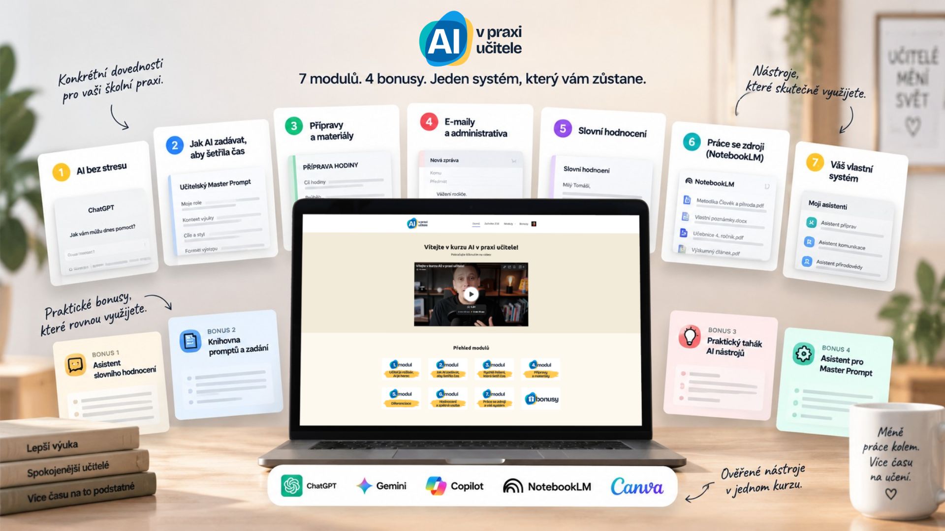 Přehled obsahu online kurzu AI v praxi učitele