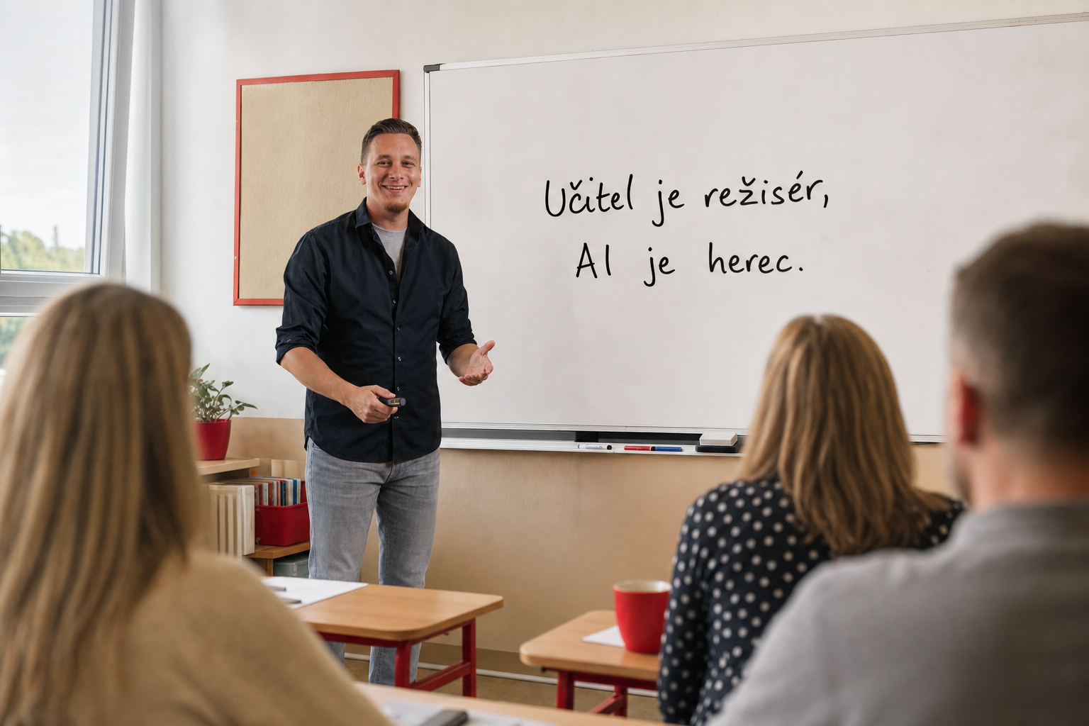 Jakub Trnčák vede workshop pro učitele před tabulí